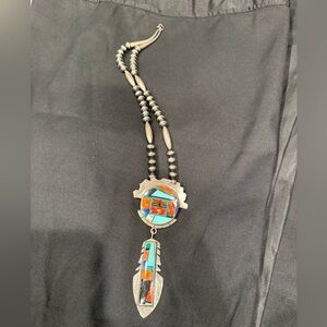 Vintage Sterling Silver Frank YellowHorse Pendant Beaded Chain Navajo Inlay